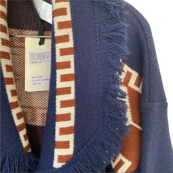 NWT COCOGIO MADE IN ITALY WOOL BLEND AZTEC BOHEMIAN FRINGED LONGLINE SWEATER M - Picture 3 of 8
